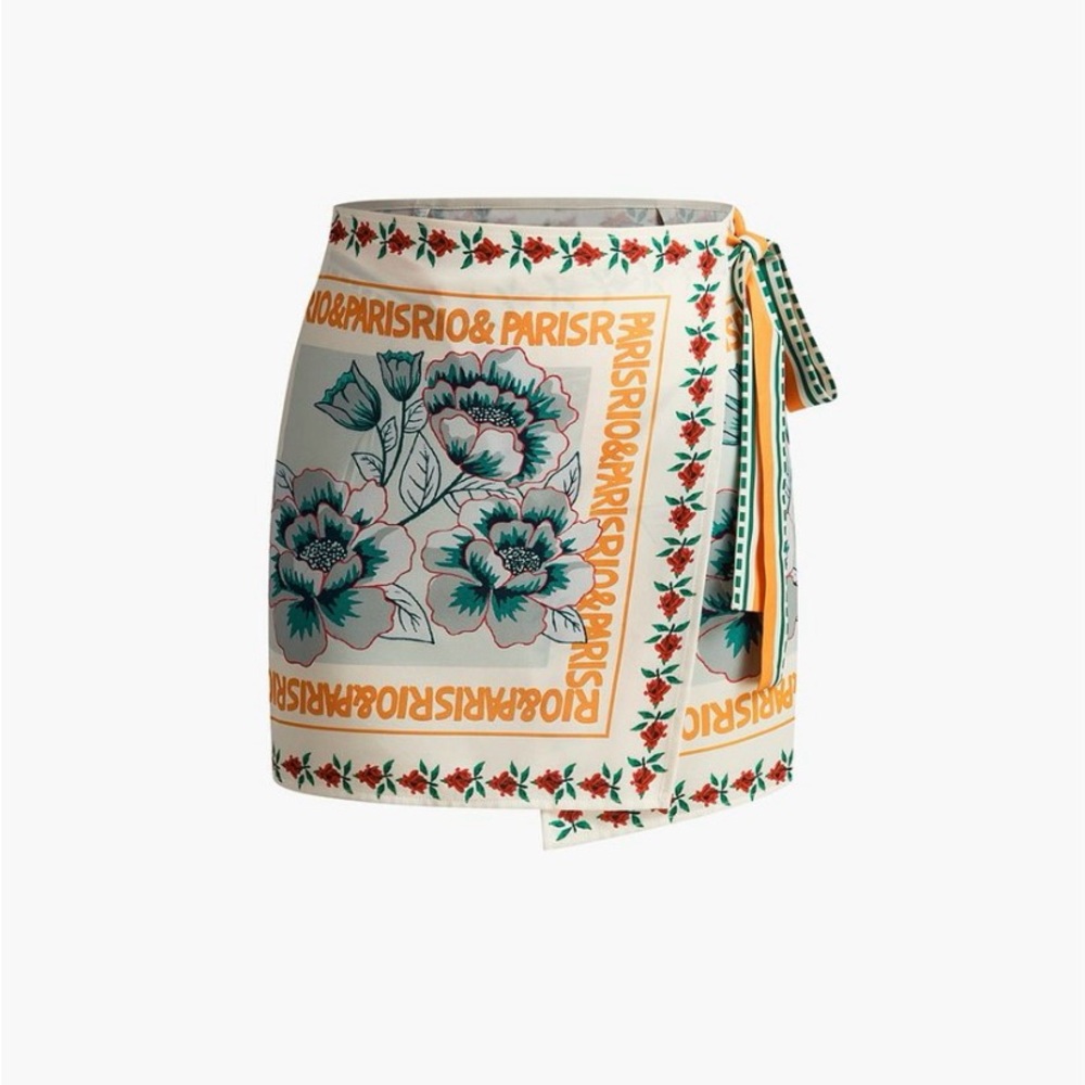 Floral Wrap Mini Skirt in Cream and Teal
